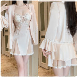 Deep V Backless Nightdress with Embroidery Sheer Mesh & Padded Satin Robe Set