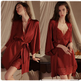 Sheer Lace Deep V Satin Nightdress with Robe Set