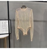 ihoov Sparkling Rhinestone Fishnet Mesh Bodysuit