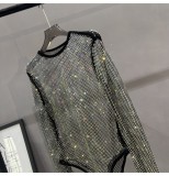ihoov Sparkling Rhinestone Fishnet Mesh Bodysuit