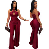 Elegant Solid Color Halter Neck Wide Leg Bodysuit Jumpsuit