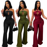 Elegant Solid Color Halter Neck Wide Leg Bodysuit Jumpsuit