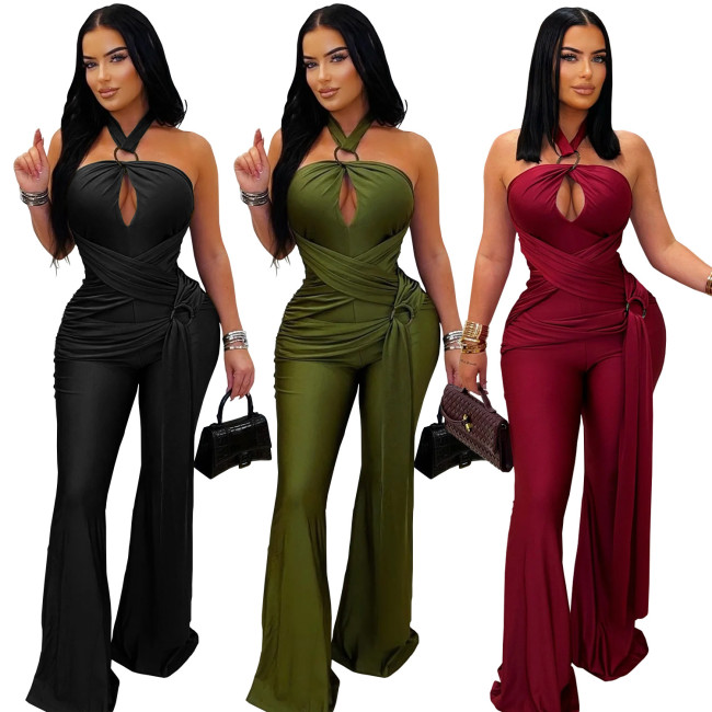 Elegant Solid Color Halter Neck Wide Leg Bodysuit Jumpsuit