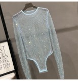ihoov Sparkling Rhinestone Fishnet Mesh Bodysuit