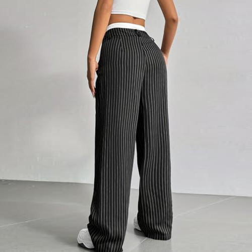 High Waist Spliced Casual Straight Leg Women's Trousers