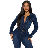 Slim Fit Stretch Flare Denim Jumpsuit with Long Sleeves
