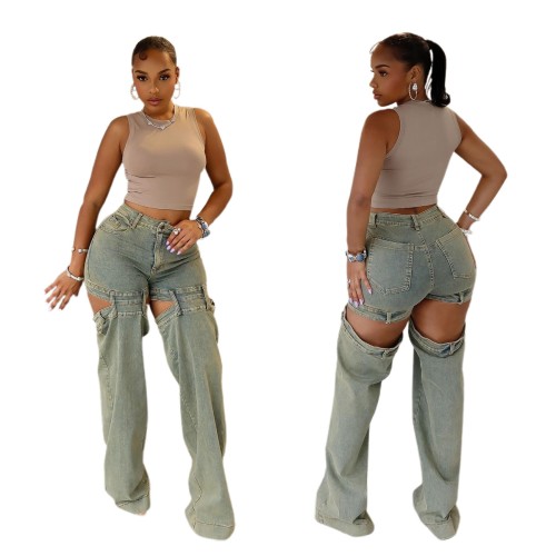 Vintage-Inspired Distressed Hollow-Out Denim Jeans