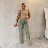 Vintage-Inspired Distressed Hollow-Out Denim Jeans