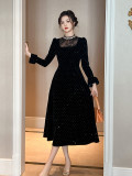 Audrey Hepburn Style Black Velvet Round Neck Waist-Defining Elegant Dress