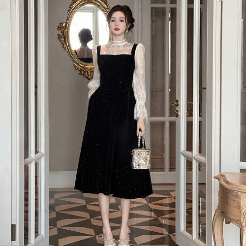 Rhinestone Round Neck Waist-Defining Draped Faux Two-Piece Velvet Dress