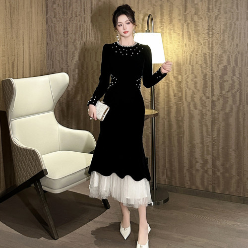 Beaded Round Neck Slim Fit Irregular Hem Velvet Mermaid Dress