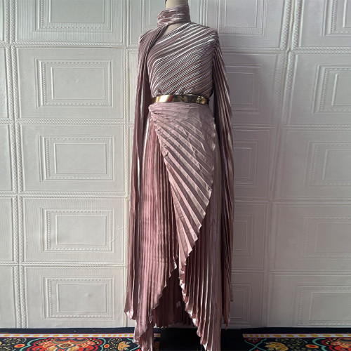 Elegant Shawl Collar Thigh-High Slit Formal Dress with Detachable Statement Belt