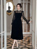 Rhinestone Round Neck Waist-Defining Draped Faux Two-Piece Velvet Dress