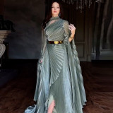 Elegant Shawl Collar Thigh-High Slit Formal Dress with Detachable Statement Belt