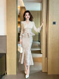 V-Neck Ruffled Lace Blouse with High-Waist Pencil Skirt Two-Piece Set
