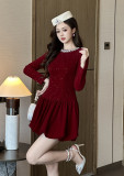 Elegant Red Velvet Round Neck Rhinestone Accented Waist-Defining Puff Mini Party Dress