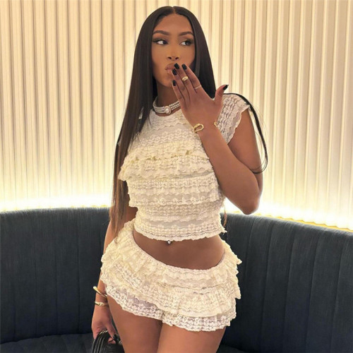 Women's Fashion Sweet & Sexy Solid Color Cutout Ruched Shorts Two-Piece Set