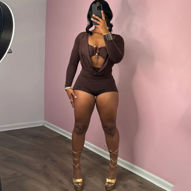 Women's Sexy Deep V-Neck Solid Color Slimming Bodysuit Jumpsuit