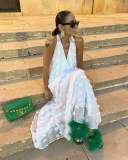 Elegant V-Neck Halter Maxi Dress with Flowing Sash