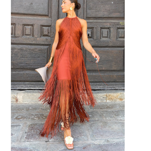 Elegant Halter Neck Fringe Evening Gown