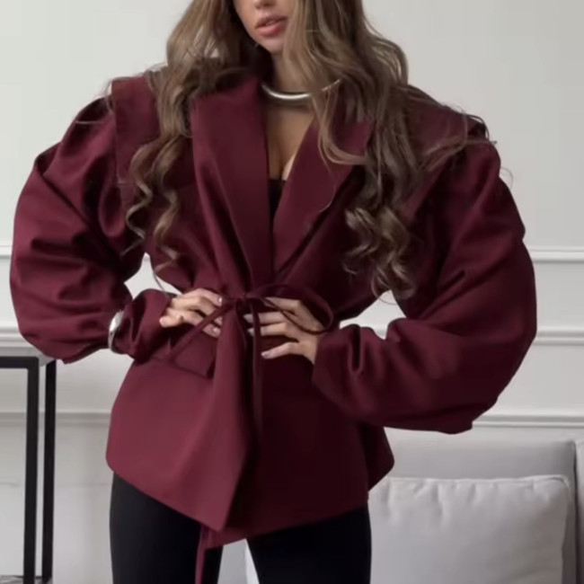 Waist-Cinching Belted Blazer with Shoulder Pads