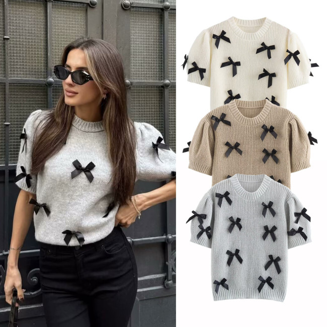 Round Neck Bow Detail Cropped Sweater