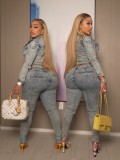 Sexy High-Elasticity Patchwork Washed Denim Two-Piece Set