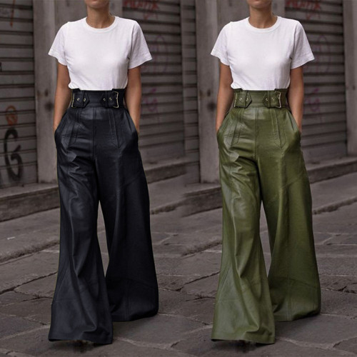 High-Waisted Relaxed Fit PU Leather Flare Pants with Pockets