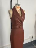 Elegant Belted Asymmetrical PU Leather Bodycon Dress