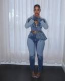 Sexy High-Elasticity Contrast Color Washed Denim Casual Two-Piece Set