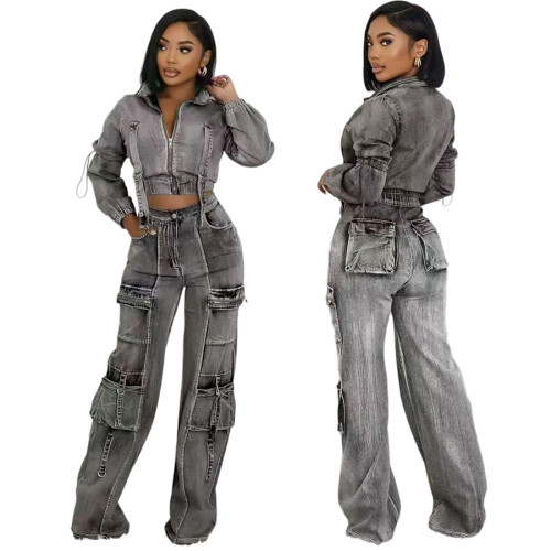 Utility Multi-Pocket Washed Denim Two-Piece Set