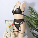 Sheer Mesh Heart-Shaped Crystal Rhinestone 3-Piece Lingerie Set