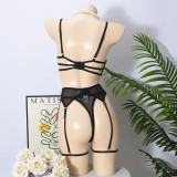 Sheer Mesh Heart-Shaped Crystal Rhinestone 3-Piece Lingerie Set