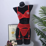 Sheer Mesh Heart-Shaped Crystal Rhinestone 3-Piece Lingerie Set