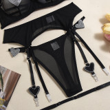 Sheer Mesh Heart-Shaped Crystal Rhinestone 3-Piece Lingerie Set