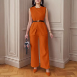 Solid Color Sleeveless Belt Two-Piece Long Pants Casual Set