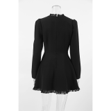 Round Neck Waist-Defined A-Line Lace-Panel French-Inspired Dress