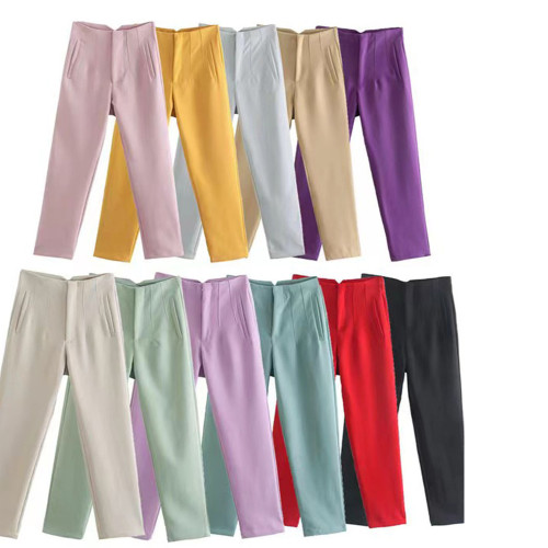 Women's Slim Fit Solid Color Gather Detail Stretch Straight Leg Pants