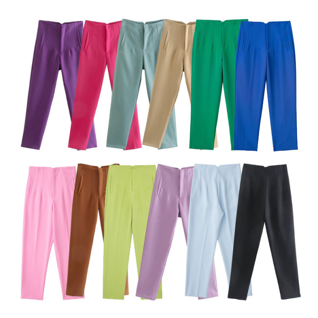 Women's Slim Fit Solid Color Gather Detail Stretch Straight Leg Pants