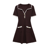 Stylish Ribbed Knit V-Neck Mini Skirt with Metal Buttons
