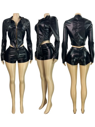 Stand Collar Two Way Zip Faux Leather Biker Jacket and Shorts 2-Piece Set