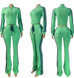 Zip-Up Hoodie & Side-Stripe Flare Leg Pants Velour Tracksuit Set