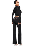 Printed Hooded Thumbhole Top & Flare Pants 2-Piece Activewear Set