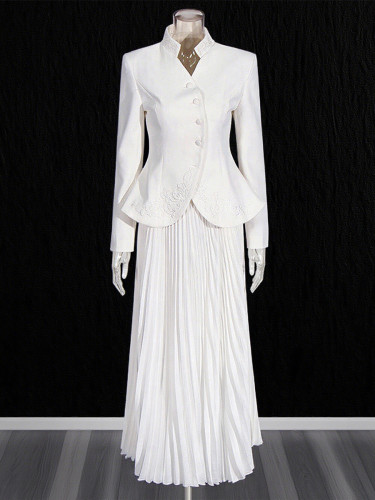 Artisanal Embroidered Designer Coat with High-Waist Pleated Skirt Two-Piece Set