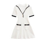 Stylish Ribbed Knit V-Neck Mini Skirt with Metal Buttons