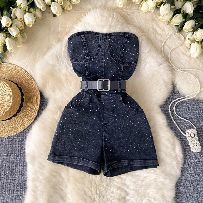 Denim Fashion Rhinestone High-Waist Slim Sleeveless Bustier Jumpsuit