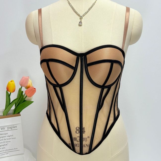 Contrast Color Sheer Backless Corset Top