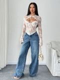 Tie Lace Shirt Sexy Hottie Fishbone Plunge See Through Camisole Long Sleeve Top