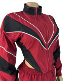 Color-Block Smocked Waist Zip Top & Straight Leg Pants 2-Piece Set