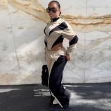 Color-Block Smocked Waist Zip Top & Straight Leg Pants 2-Piece Set